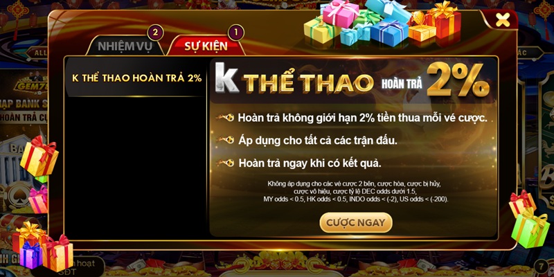 Hoàn trả mỗi ngày không giới hạn lên đến 2% Gem789