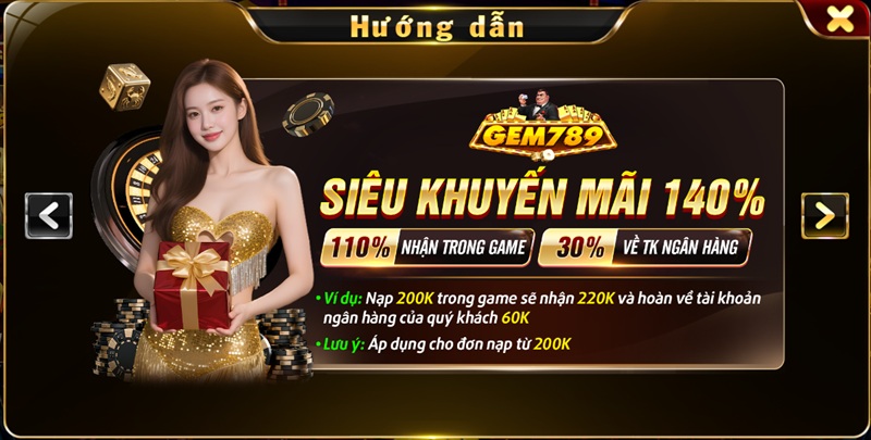 Tặng 140% giá trị nạp lần đầu Gem 789 Gem789
